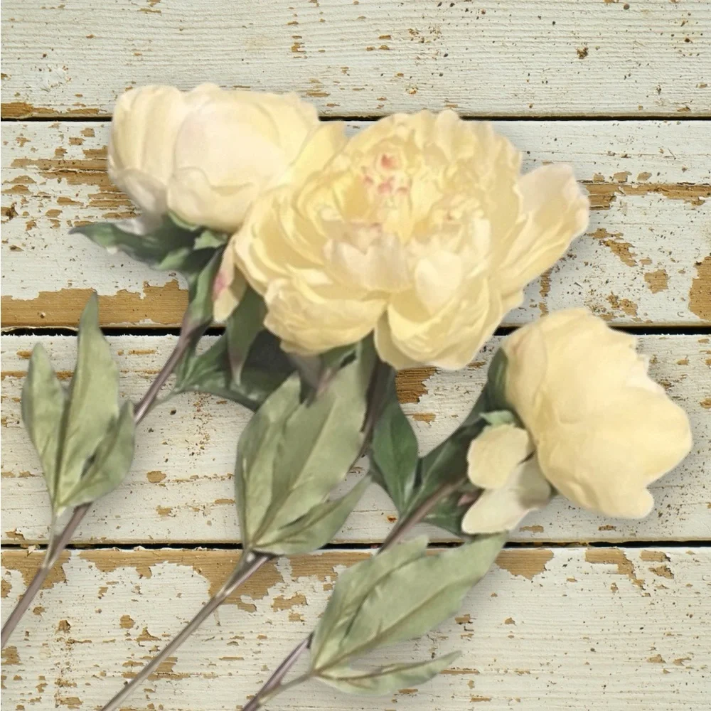 3 Light Yellow Peony Artificial Floral Stems